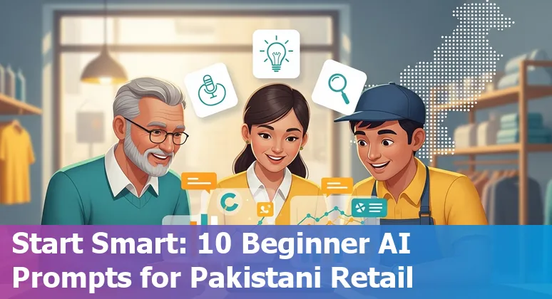 Illustration of AI tools powering retail in Pakistan: chatbots, recommendations, forecasting charts.