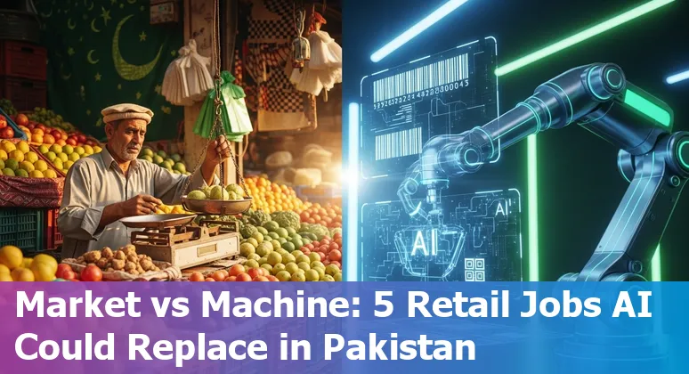 Retail worker using a POS and inventory tablet with AI icons, showing retail jobs at risk and reskilling options in Pakistan