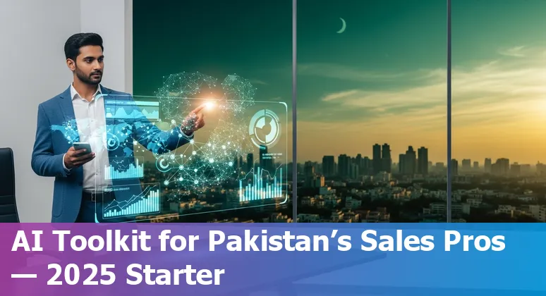 Sales professional using AI sales tools on a laptop in Pakistan in 2025, showing dashboards and LinkedIn posts for PK sellers.