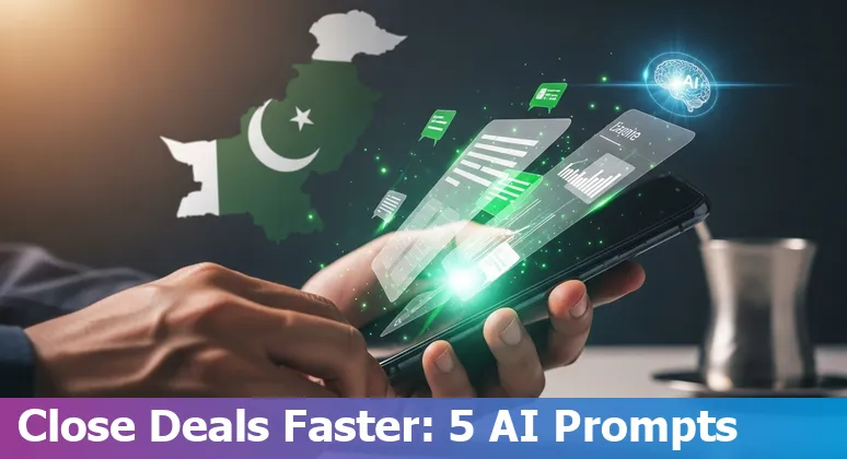 Sales professional in Pakistan using AI prompts for WhatsApp and CRM on laptop, showing a Kanban board and message templates.