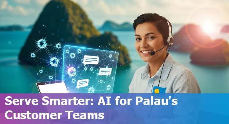 Customer service professional using AI tools in Palau with Palau island scenery in the background