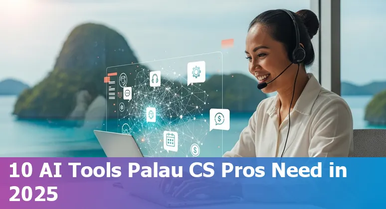 Customer service agent using AI chat tools on laptop with WhatsApp and social icons, Palau coastal office background
