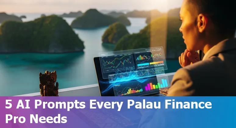 Finance professional in Palau using AI prompts on a laptop showing cash flow charts and an island map in the background