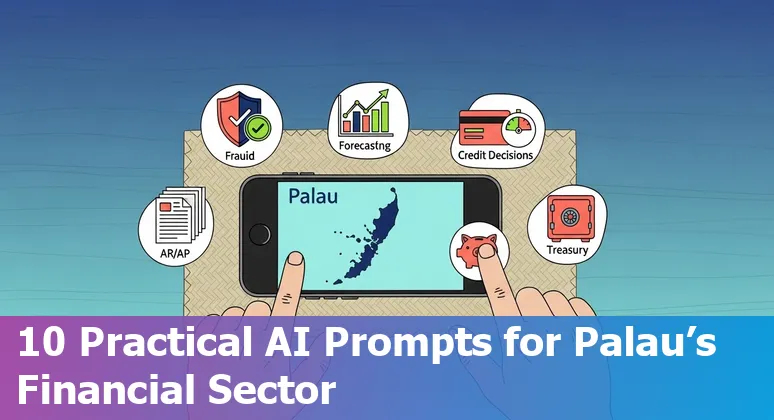Illustration of AI in Palau financial services showing bank, charts and island map