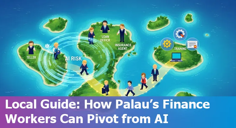 Palau bank teller and AI chatbot overlay illustrating automation risks and upskilling in financial services