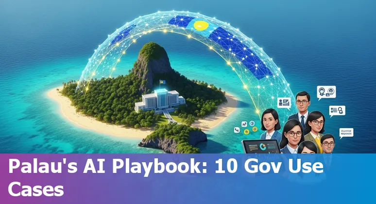 Palau government officials using AI tools for budgeting, disaster response, and citizen services on a laptop with island map.