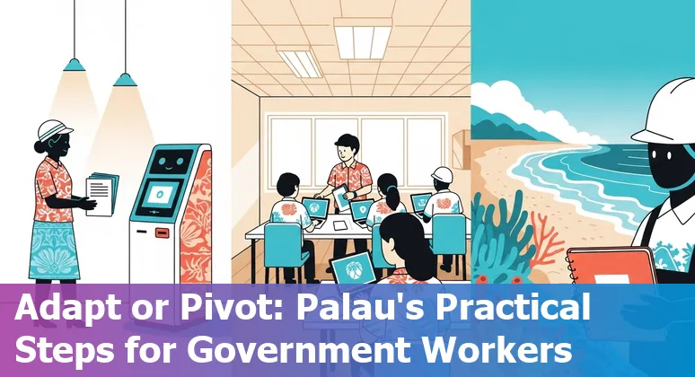 Palau government worker at a desk using a laptop with AI icons and Palau flag in the background