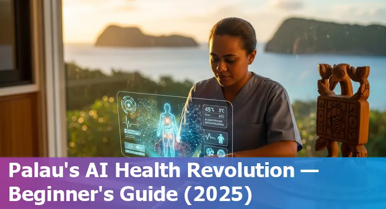 Illustration of AI in healthcare over a map of Palau showing telehealth, diagnostics, and Belau National Hospital in Palau.