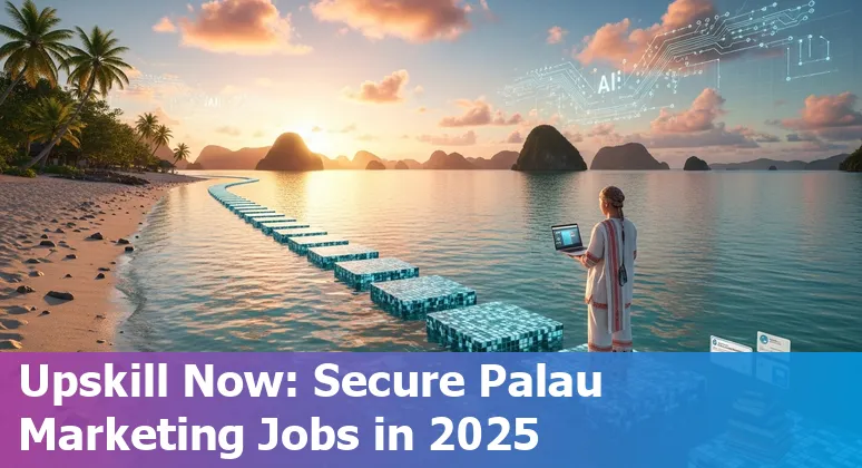 Graphic showing a Palau marketer working with AI tools to support Palau businesses and tourism promotion