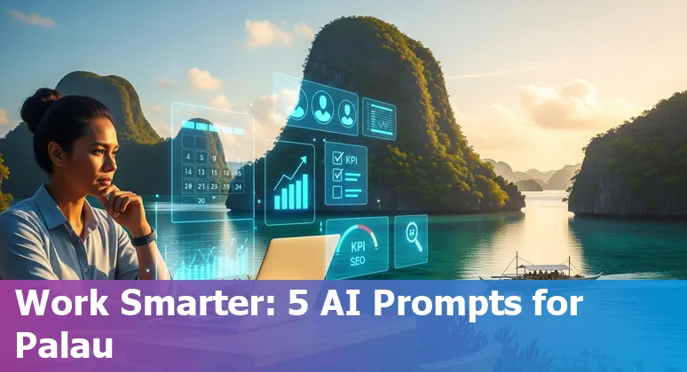Palau marketer using AI prompts on a laptop overlooking Koror harbor