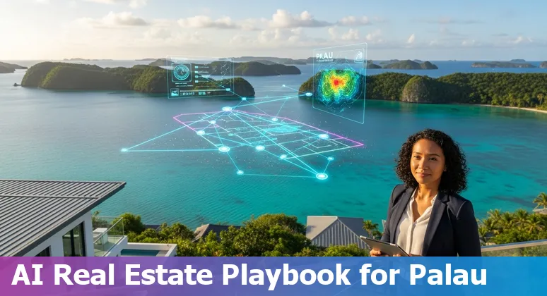 Real estate agent reviewing AI-generated property data on a tablet in Koror, Palau in 2025