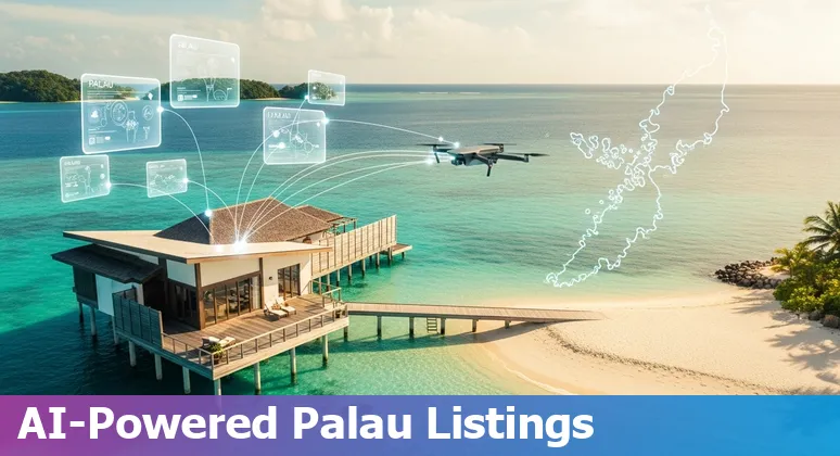 Real estate agent in Palau using laptop with Palau coastline and AI icons overlay