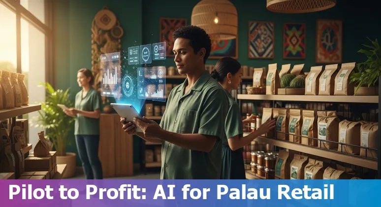 Illustration of retail AI tools and shoppers inside a Palau store in 2025