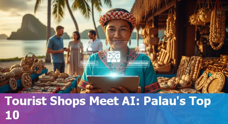 Retail shop in Koror, Palau with tourists and AI icons showing chat, visual search, and delivery routes