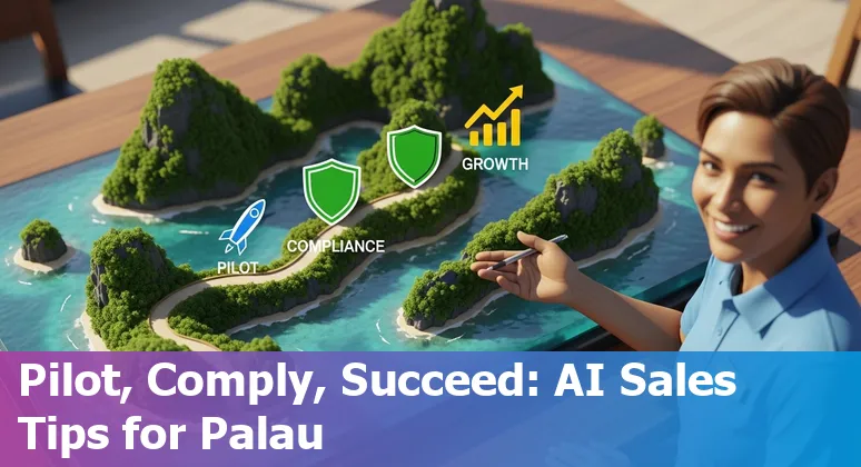 Sales professional using AI tools on laptop in Palau, PW, with Palau coastline visible