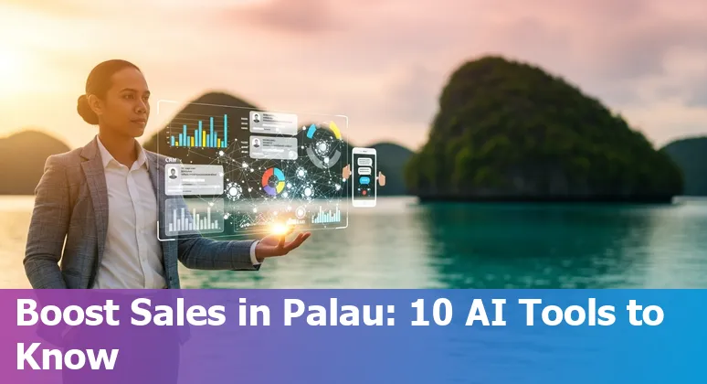 Collage of AI sales tool logos with a Palau salesperson reviewing dashboards