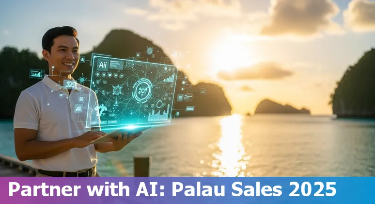 Salesperson using AI tools on a laptop in Palau office, 2025
