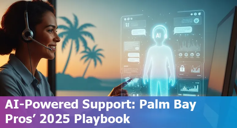 AI customer service chatbot mockup over Palm Bay, Florida Space Coast skyline