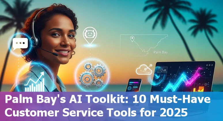 Palm Bay customer service team using AI chatbots on laptops with Port Canaveral in background