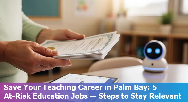 Palm Bay educator using AI tools alongside students with Space Coast skyline in background