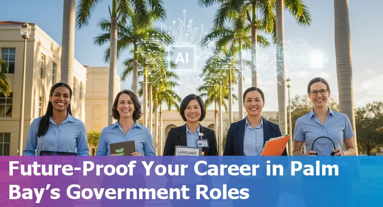 Palm Bay municipal building with icons representing AI automation, caseworkers, clerks, translators, and appeals staff.