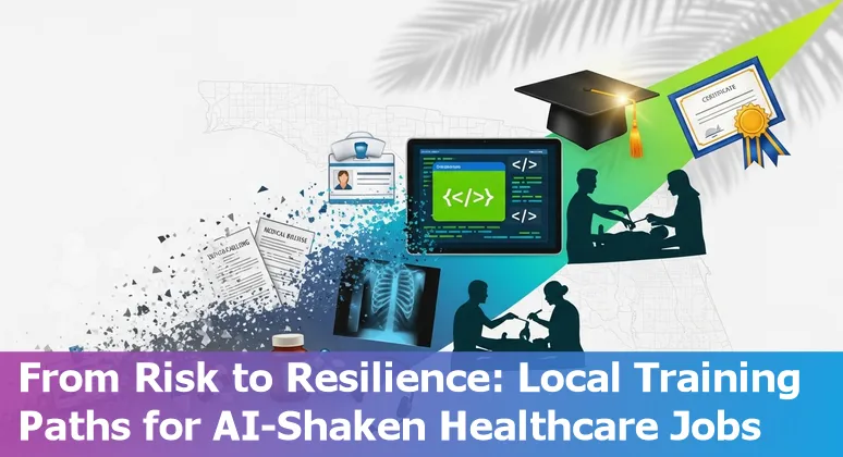 Healthcare worker using AI tools beside a Palm Bay map — jobs at risk and adaptation strategies.