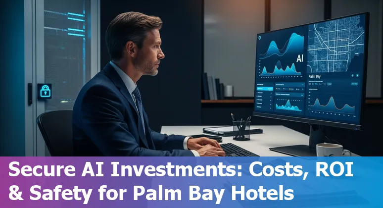 Hotel lobby with AI chatbot kiosk and palm trees outside, Palm Bay, Florida, 2025