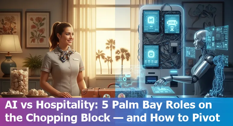 Palm Bay hotel front desk with a self-check-in kiosk and staff assisting guests.