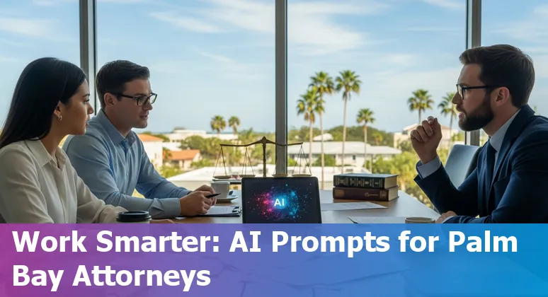 Attorney using AI prompts on a laptop with Palm Bay, Florida skyline visible through window.