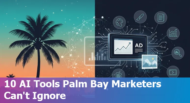 Collage of AI marketing tools logos and Palm Bay Florida skyline representing generative AI for local marketers.