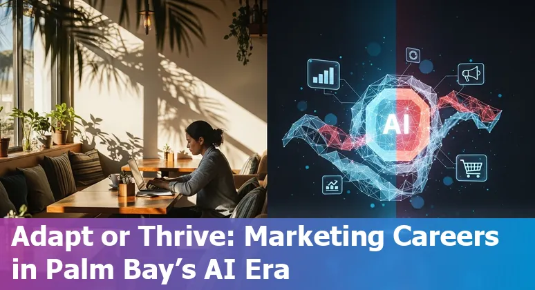 Palm Bay, Florida marketer using AI tools on a laptop, with local skyline in background