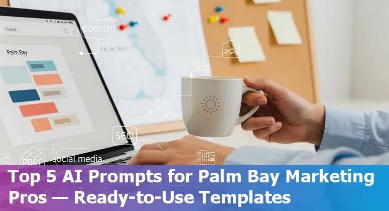 Palm Bay marketer using AI prompts on a laptop with local business images in the background