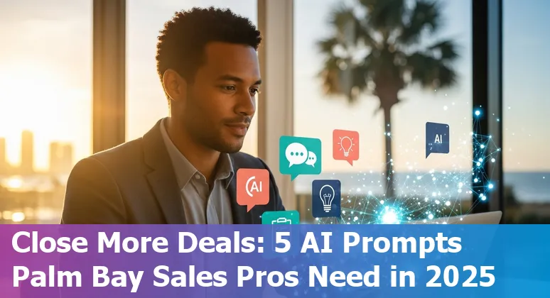 Sales professional in Palm Bay using AI prompts on a laptop with Palm Bay city skyline in the background.