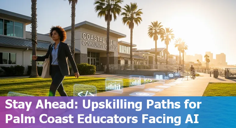 Palm Coast educator reviewing AI-impact report near school office - illustration of jobs and upskilling