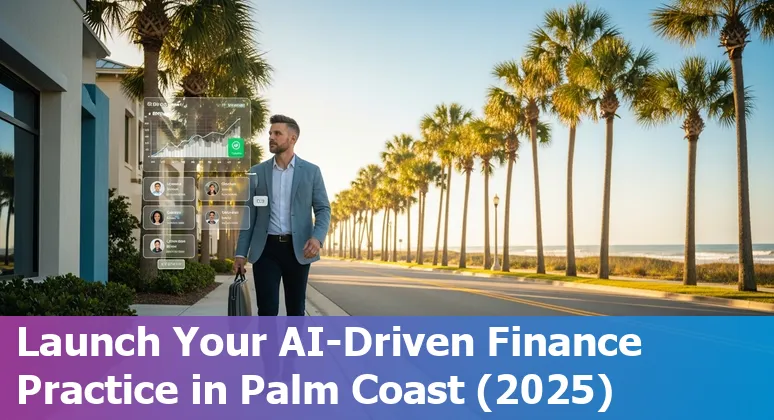 Finance professional using AI tools in Palm Coast, Florida skyline backdrop, 2025