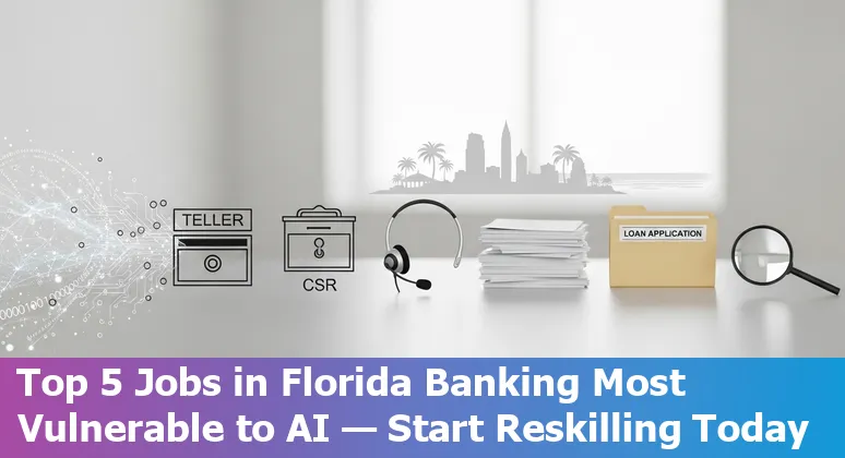 Palm Coast bank branch with digital overlays showing mobile banking apps and AI icons