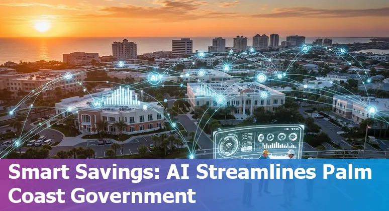 Illustration of AI improving government services in Palm Coast, Florida: chatbots, energy dashboards, and streamlined paperwork.