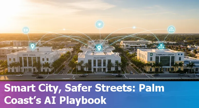 Palm Coast city hall with AI icons representing chatbots, traffic signals, wildfire maps, and 911.