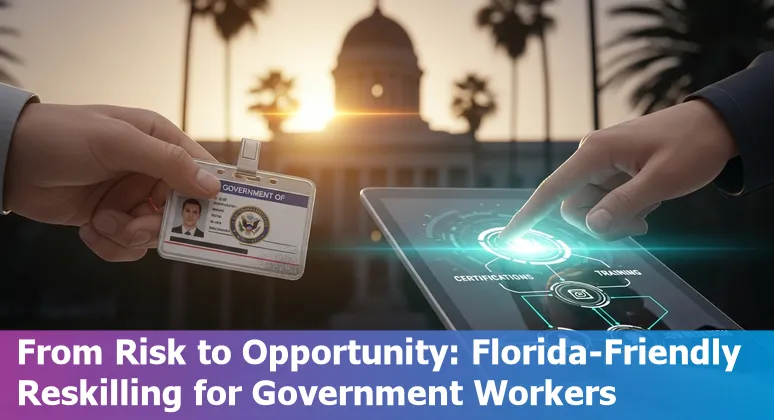 Palm Coast city hall worker using a laptop with AI icons overlay, showing government jobs adapting to AI.
