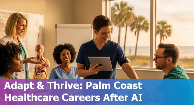 Healthcare worker at computer with AI icons overlay, representing AI impact on Palm Coast healthcare jobs