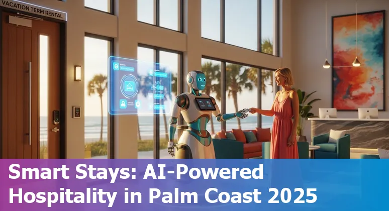 Palm Coast, FL hotel lobby with AI-driven digital concierge screen and Palm Coast, Florida skyline in background