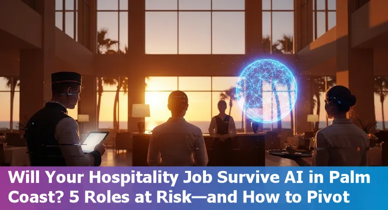 Palm Coast hospitality worker using a tablet while training on AI-resistant customer service skills