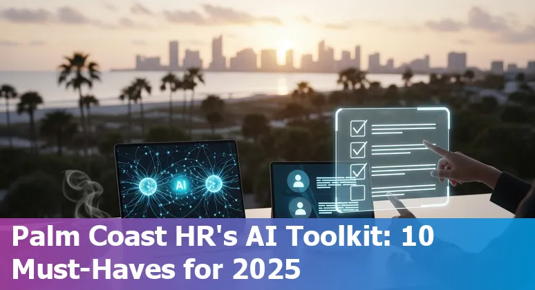 Collage of HR tools logos and Palm Coast Florida skyline representing AI tools for HR in 2025