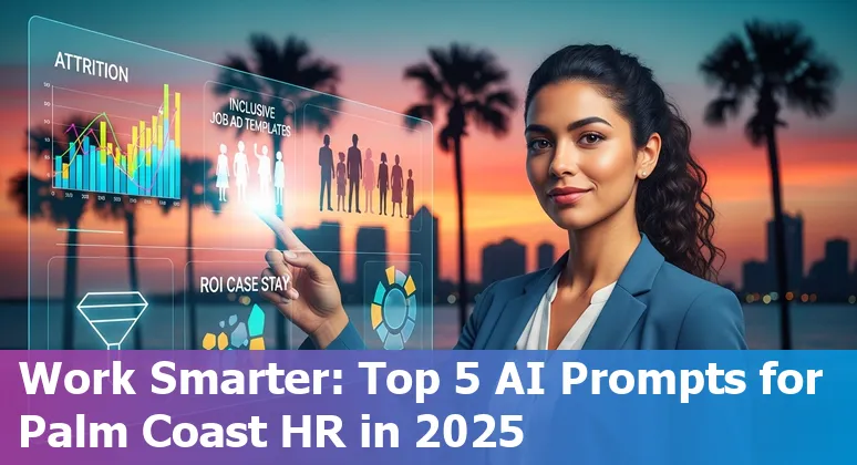 HR professional using AI prompts on a laptop with Palm Coast, Florida landmarks in the background.