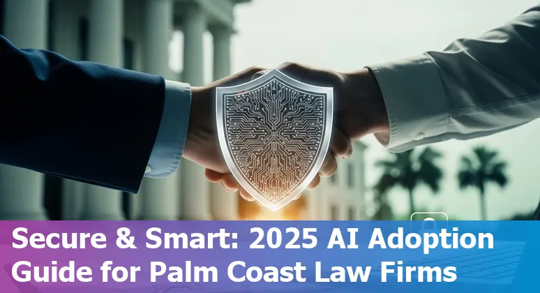 Palm Coast legal professional using AI tools on laptop with courthouse silhouette in background