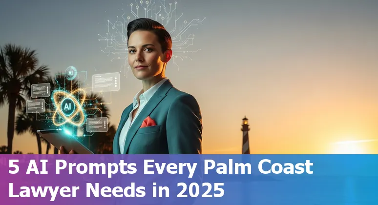 Palm Coast lawyer using AI prompts on a laptop with Florida map and court icons