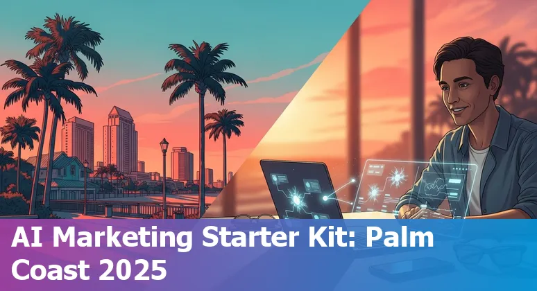 Marketing professional using AI tools on a laptop with Palm Coast, Florida shoreline in the background