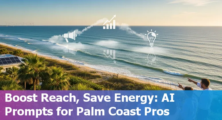 Palm Coast marketer using AI on a laptop with eco-friendly icons and Palm Coast shoreline