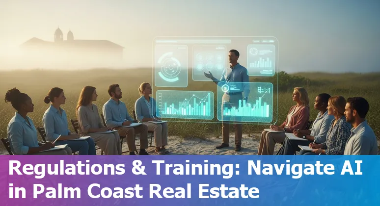 Palm Coast, Florida real estate agent using AI tools on a laptop with Palm Coast skyline in the background