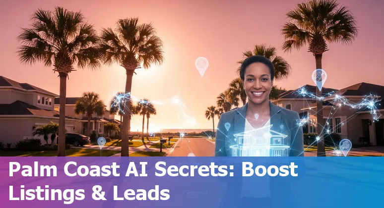 Realtor using AI on a laptop to craft Palm Coast property listing with local beach background
